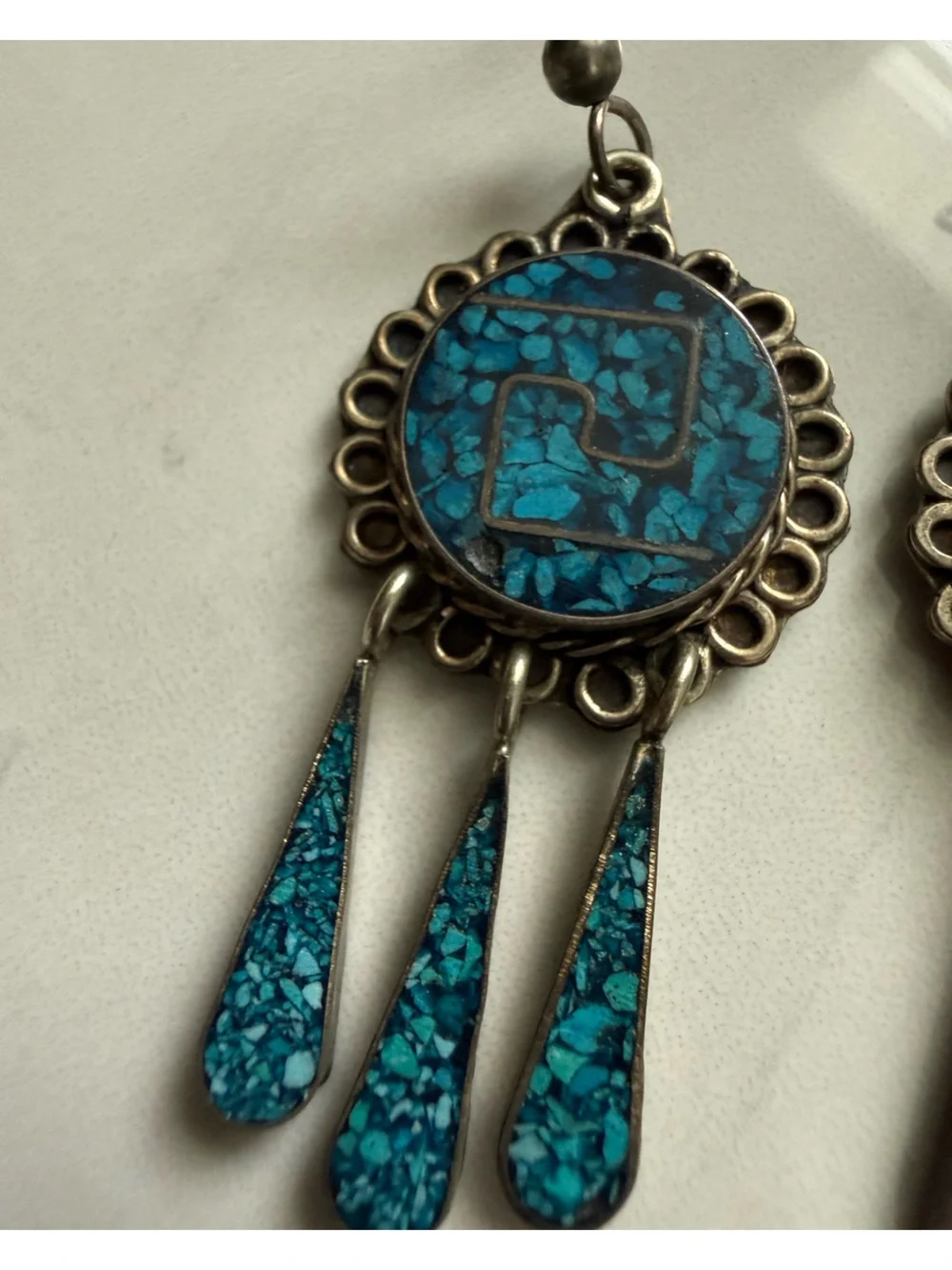 Vintage Native American Crushed Chip Turquoise Inlay Chandelier Silver Earrings